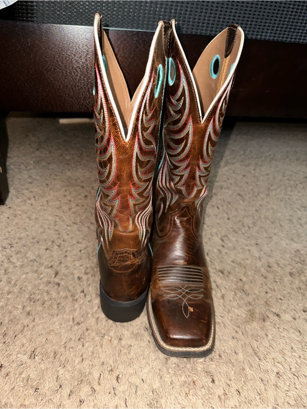 Ariat Brown Leather Western Moto Boots with Turquoise & Red Stitching